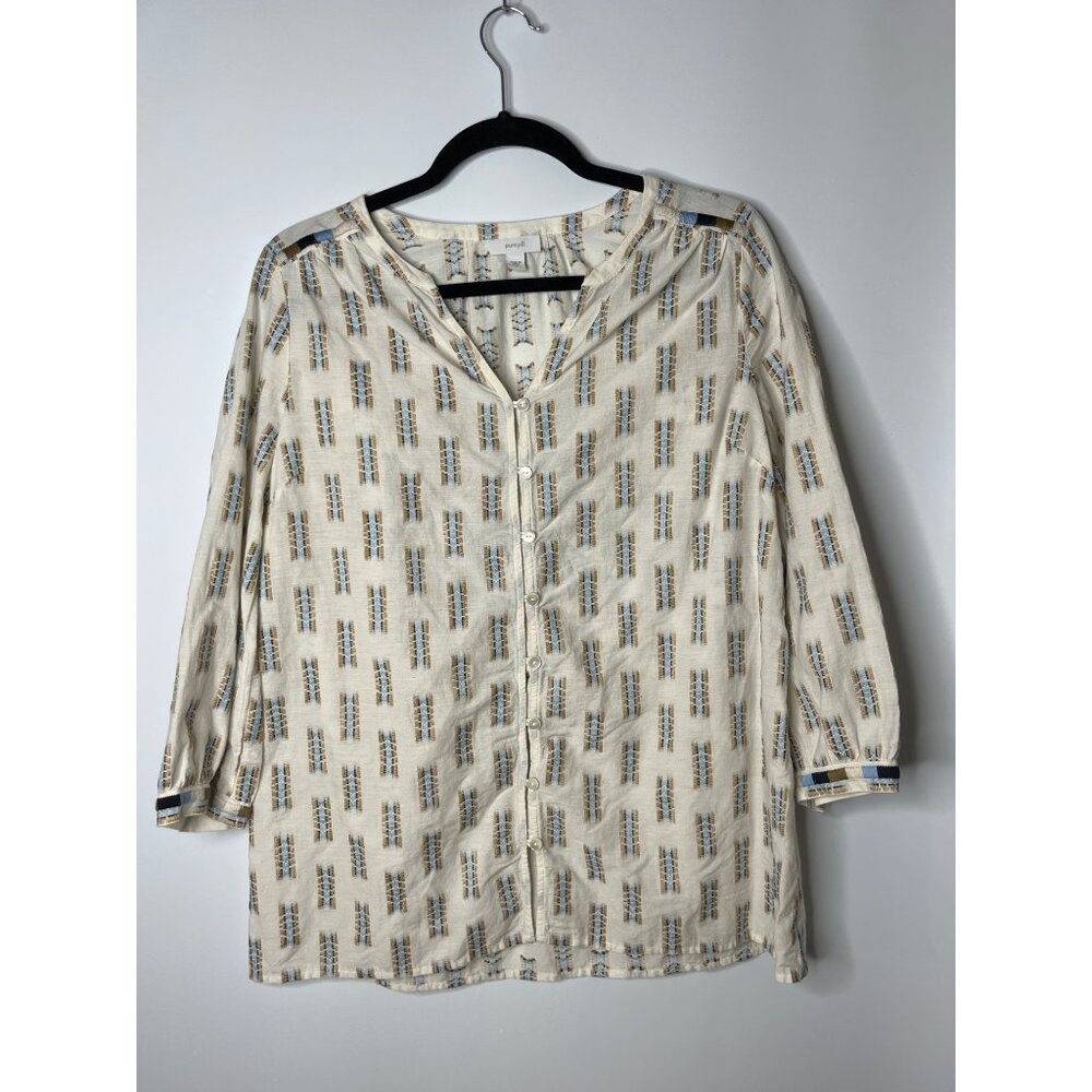 J Jill Pure Jill Button Front‎ Embroidered 3/4 Sleeve Blouse Cream Blue Small